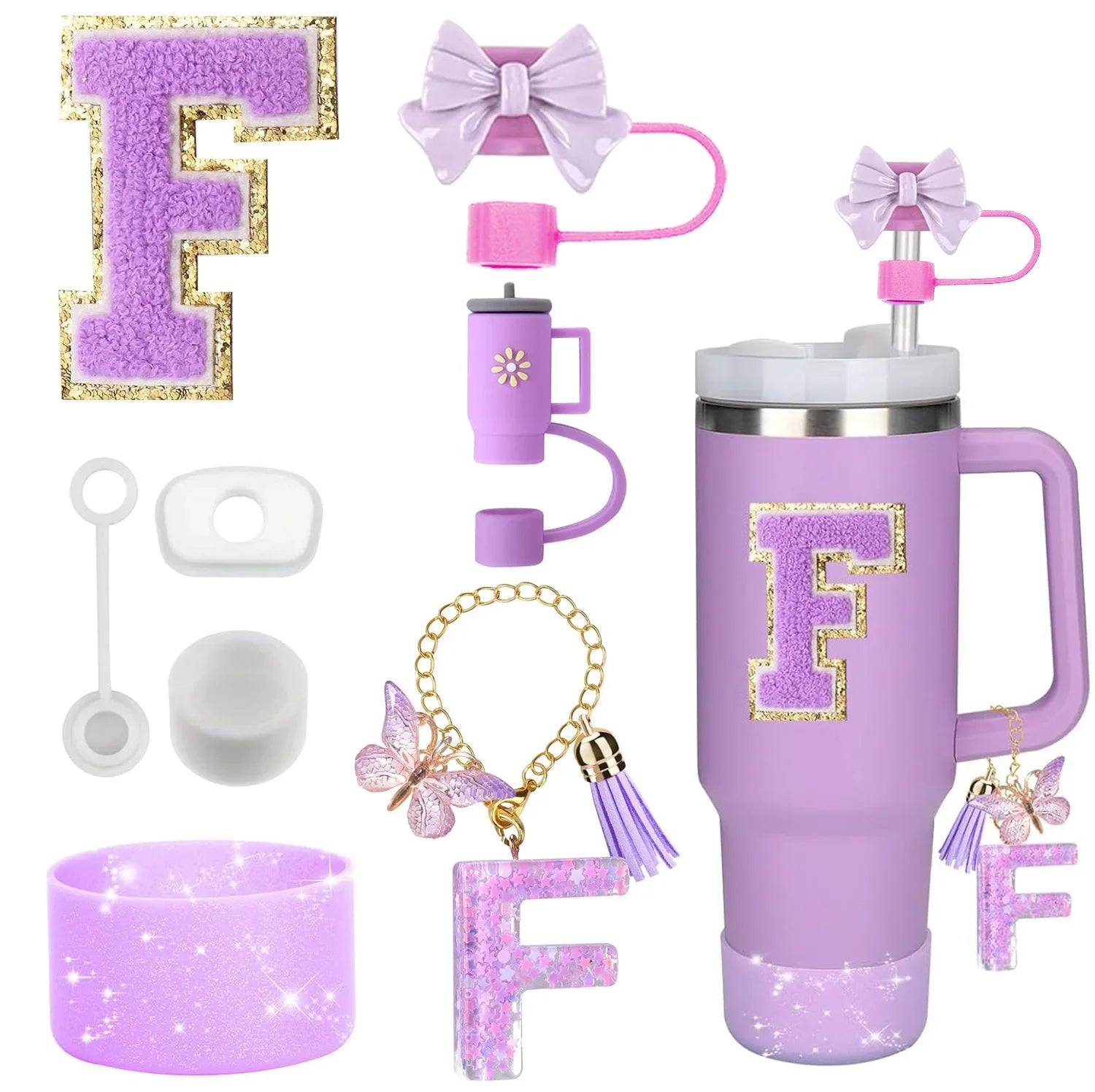 8PCS Accessories Set for Stanley Cup Purple 30oz 40oz tumbler Silicone Straw Topper Cover Cap Boot Handle Charm Initials Sticker