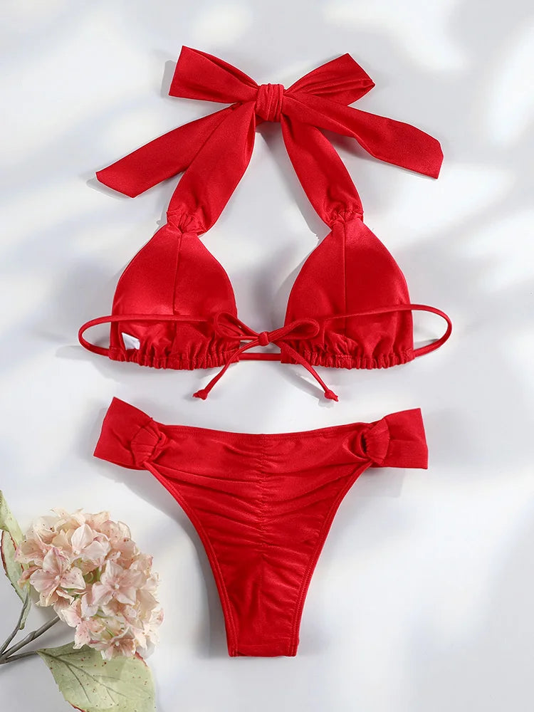 Miyouj Pleasted Bikinis Colaless Swimsuit Triangle Bikini Set Women Swimwear Halter Bathing Suits Bandage Beachwear Brazilian
