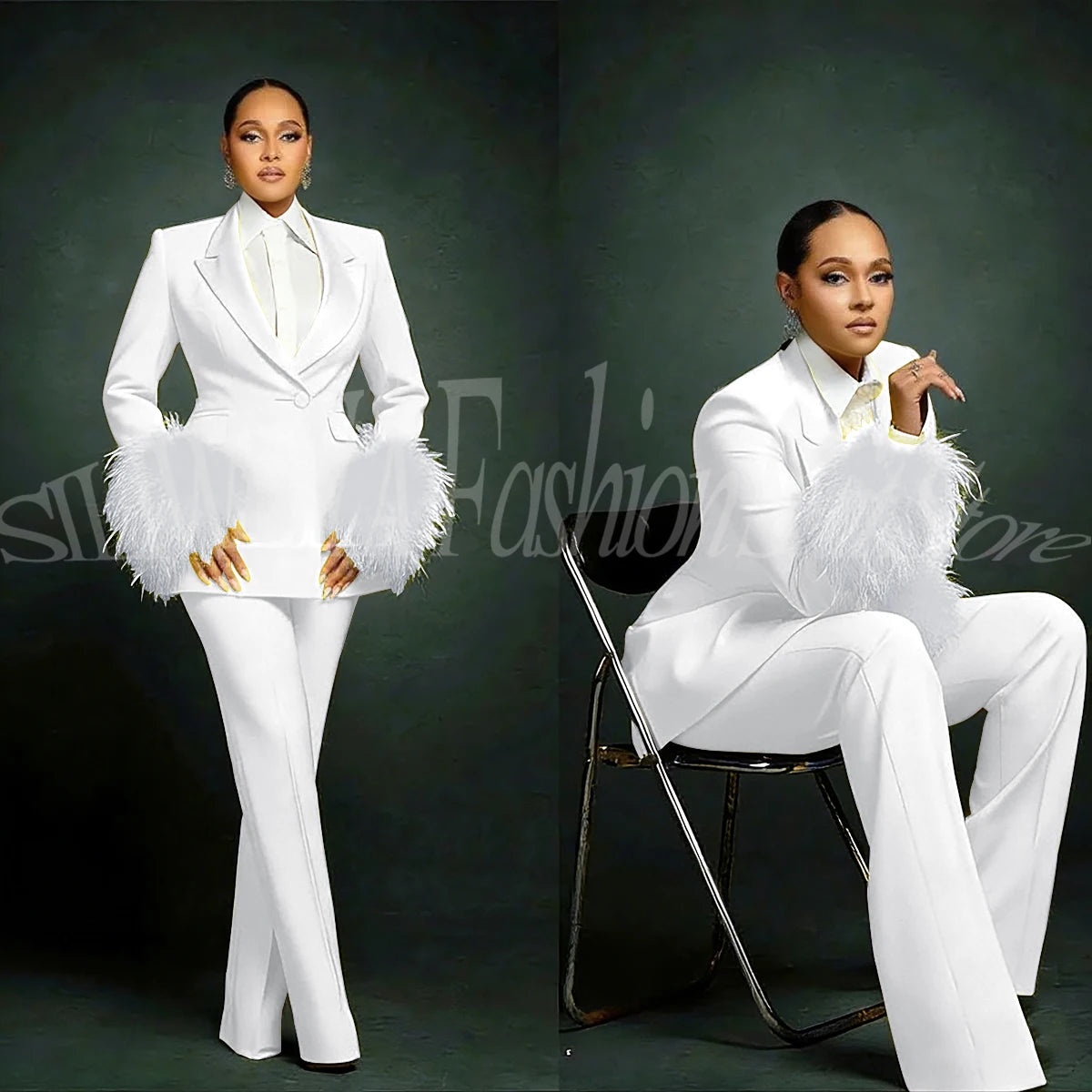 Fashion Chic Suits For Women Luxury Feather Applique Single Breasted 2 Pieces Female Suit (Blazer+Pants) Conjuntos De Pantalones