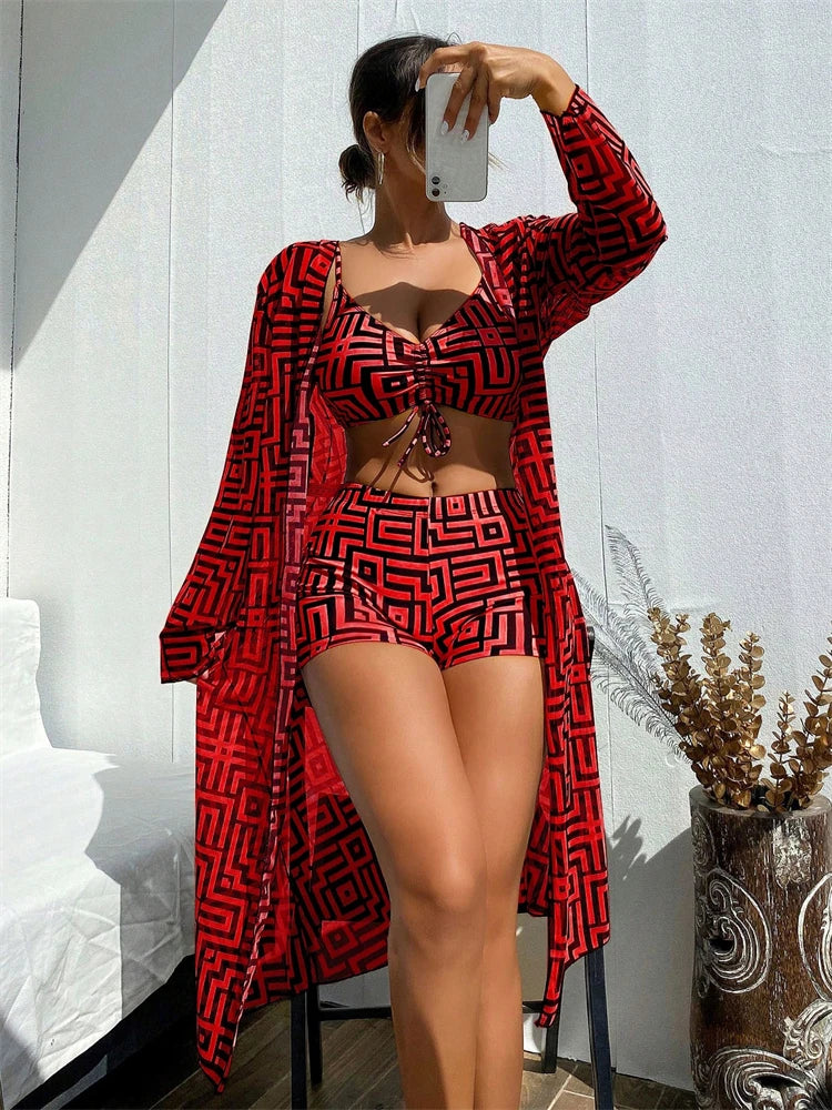 Bikini Women Swimsuit 2026 New Lattice Sling Bikinis Set Sexy Boxer Shorts Swimwear Summer Long Sleeve Beach Bathing Suit Female