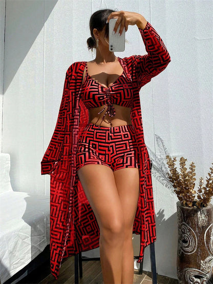 Bikini Women Swimsuit 2026 New Lattice Sling Bikinis Set Sexy Boxer Shorts Swimwear Summer Long Sleeve Beach Bathing Suit Female