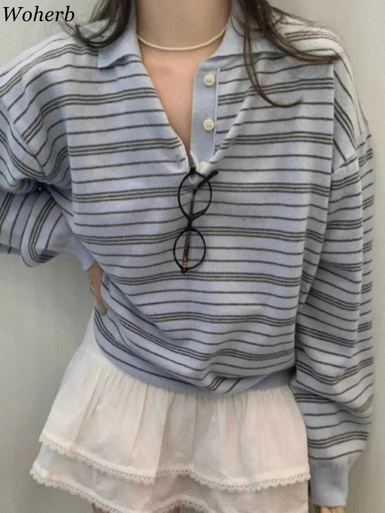 Knitted Blue Striped Long Sleeve T Shirts Women Vintage Turn Down Collar Tees 2026 Ropa Mujer Chic Korean Casual Loose Tshirt