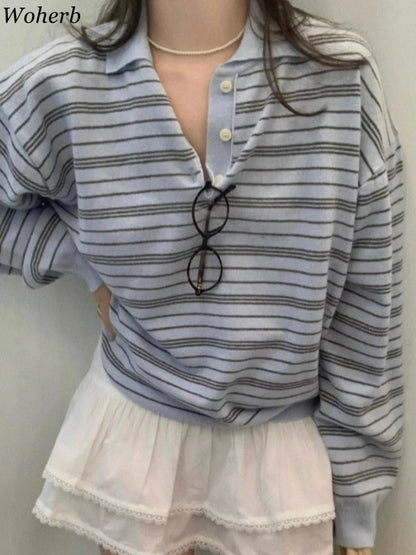 Knitted Blue Striped Long Sleeve T Shirts Women Vintage Turn Down Collar Tees 2026 Ropa Mujer Chic Korean Casual Loose Tshirt