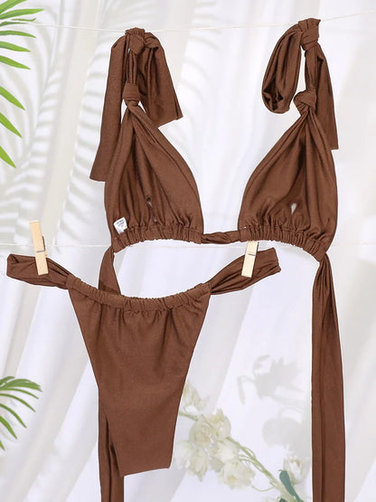 Miyouj Pleasted Bikinis Colaless Swimsuit Triangle Bikini Set Women Swimwear Halter Bathing Suits Bandage Beachwear Brazilian