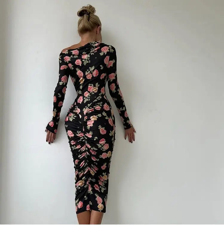 French Style Is Beautiful and Pure, Classical Artist Floral Pleated Slanted Shoulder Long-sleeved Dress Women&