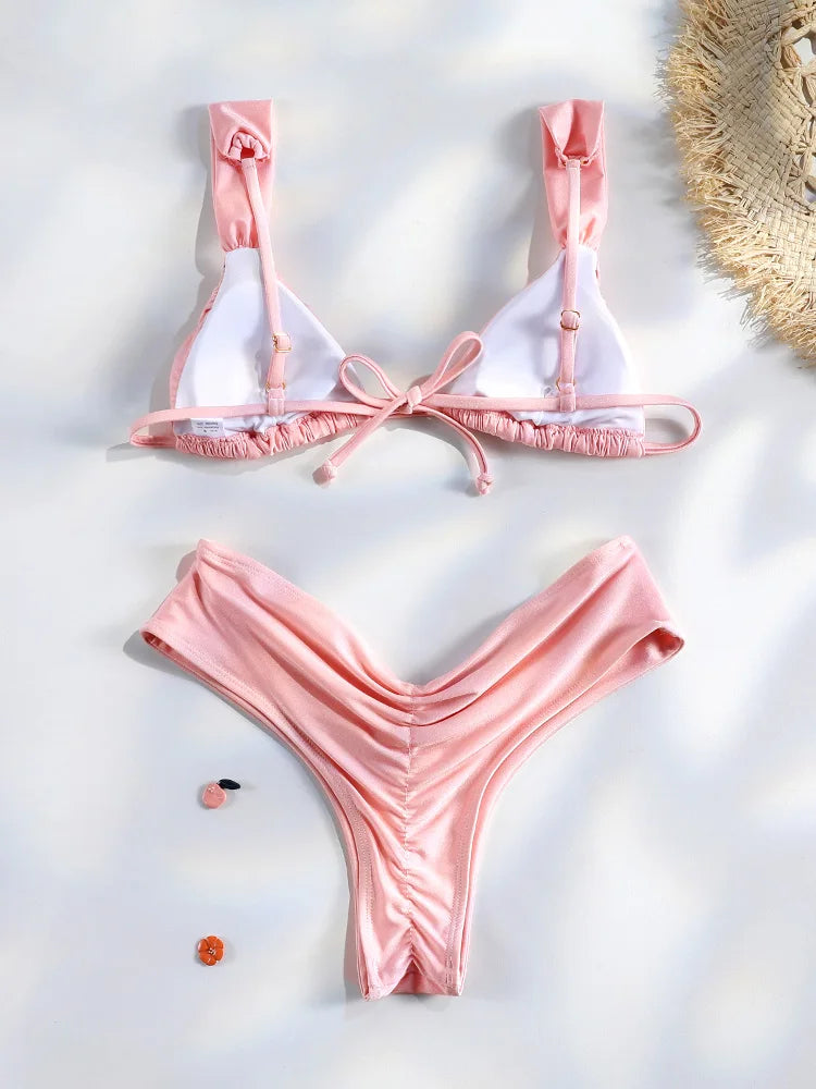 Miyouj Pleasted Bikinis Colaless Swimsuit Triangle Bikini Set Women Swimwear Halter Bathing Suits Bandage Beachwear Brazilian