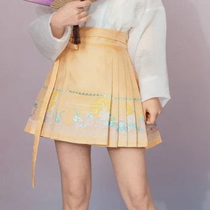 2024 New Fashion Chinese Style Retro Summer Printed Pleated Lace Up Women&
