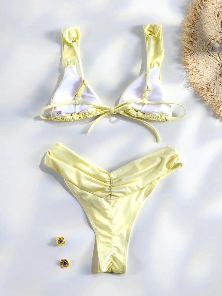 Miyouj Pleasted Bikinis Colaless Swimsuit Triangle Bikini Set Women Swimwear Halter Bathing Suits Bandage Beachwear Brazilian