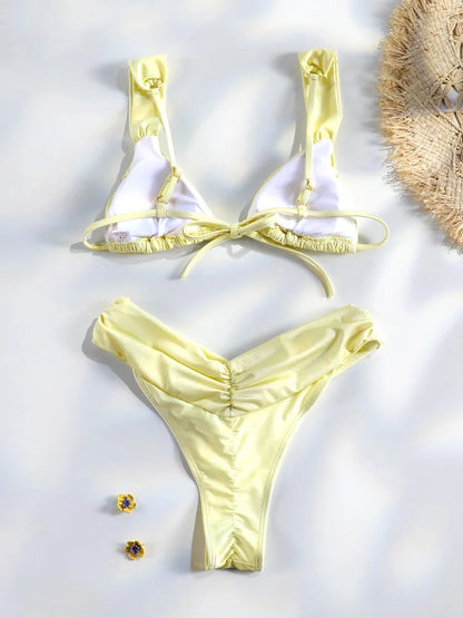 Miyouj Pleasted Bikinis Colaless Swimsuit Triangle Bikini Set Women Swimwear Halter Bathing Suits Bandage Beachwear Brazilian