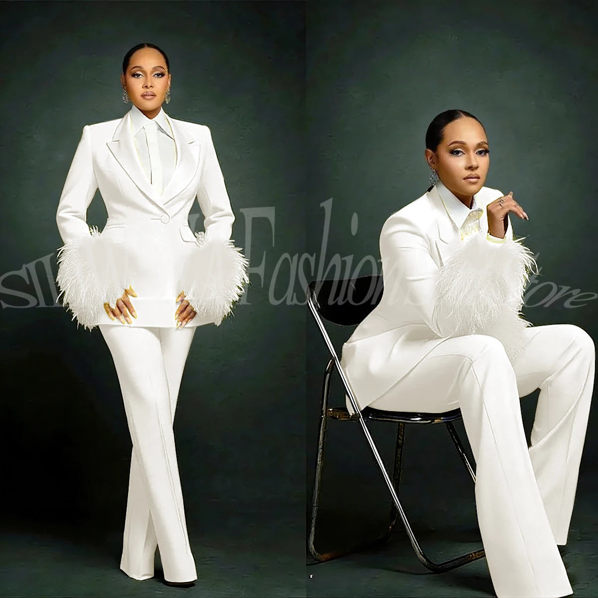 Fashion Chic Suits For Women Luxury Feather Applique Single Breasted 2 Pieces Female Suit (Blazer+Pants) Conjuntos De Pantalones
