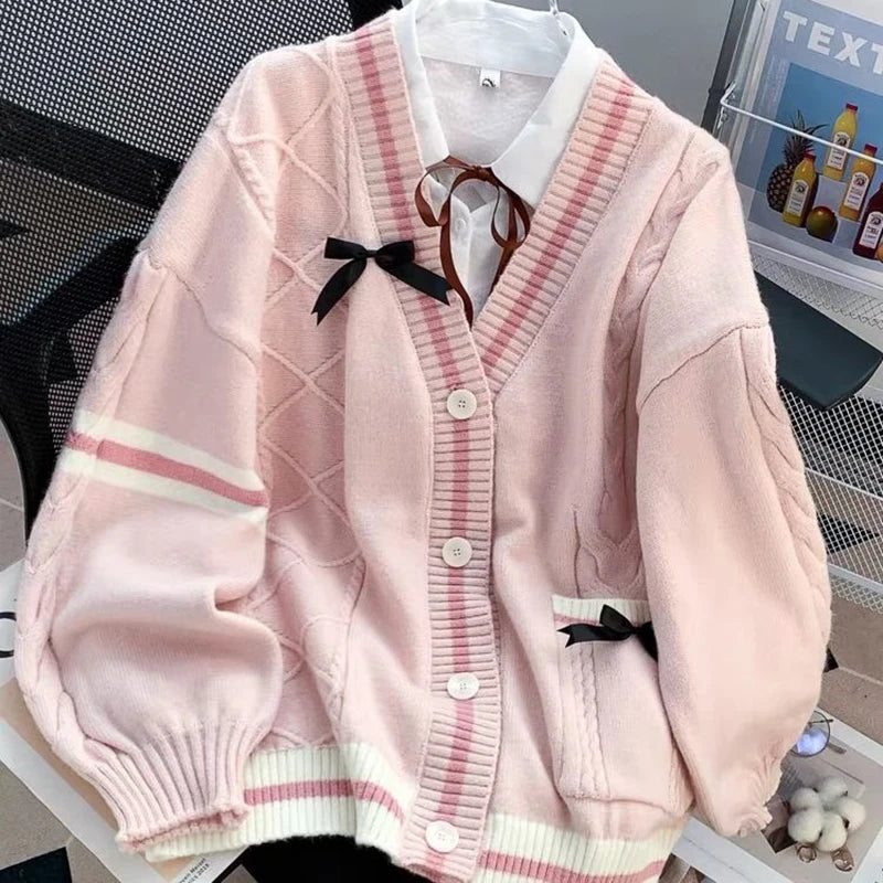 Pink Sweet Women Cardigan Korean Bow Knitted Long Sleeve Female Sweater Jk Preppy Style New Kawaii V Neck Ladies Casual Coats