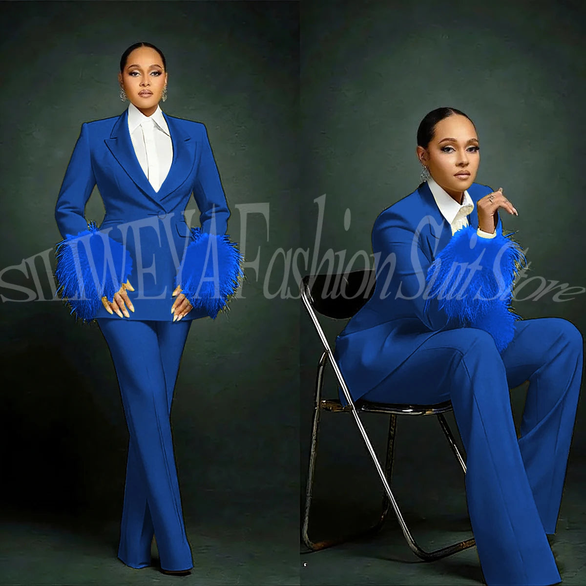 Fashion Chic Suits For Women Luxury Feather Applique Single Breasted 2 Pieces Female Suit (Blazer+Pants) Conjuntos De Pantalones