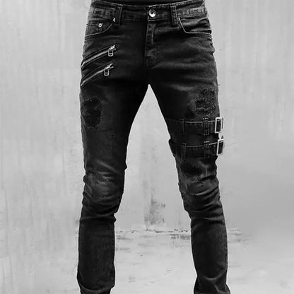Men New Slim Jeans Male Pants Spring Autumn Elastic Feet Jean Streetwear Mens Skinny Zips Biker Cacual Long Denim Trousers