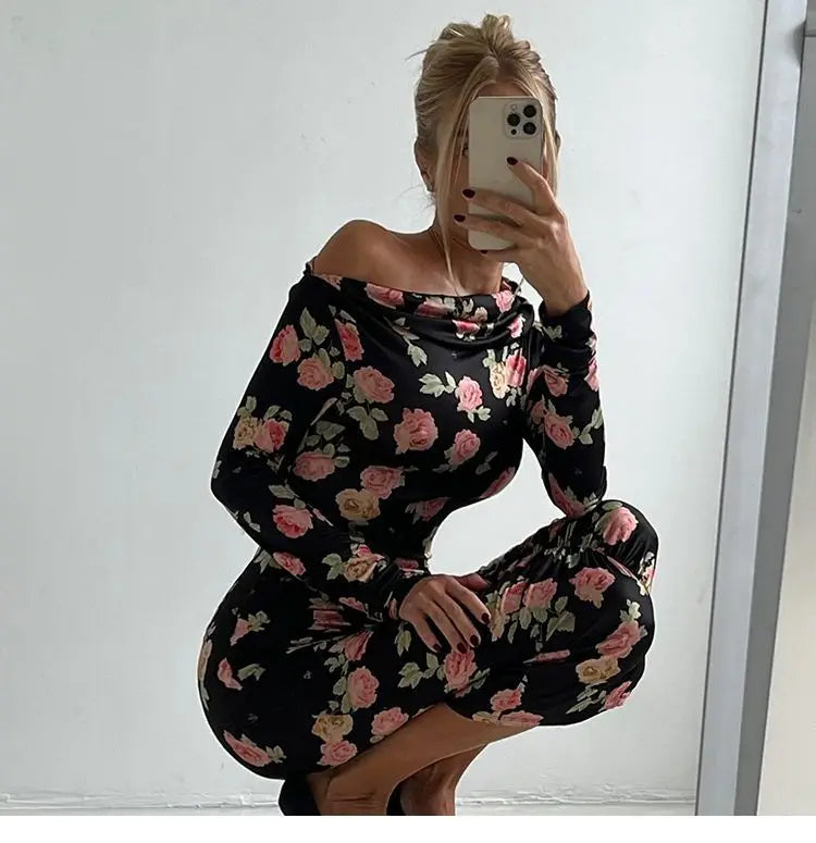 French Style Is Beautiful and Pure, Classical Artist Floral Pleated Slanted Shoulder Long-sleeved Dress Women&