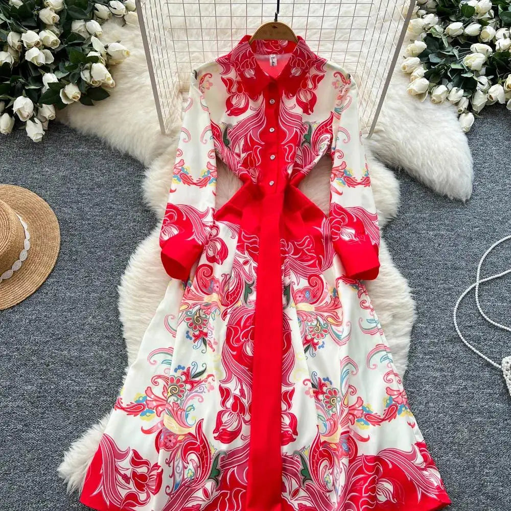 Fashion High-End Feeling Gown Dress Elegant European Court Style Long Printed Slimming New Women&