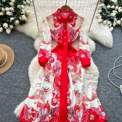 Fashion High-End Feeling Gown Dress Elegant European Court Style Long Printed Slimming New Women&