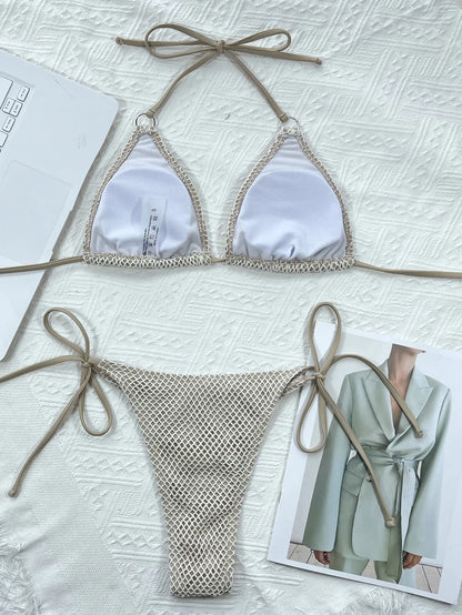Women Sexy Hollow Out Swimsuit Triangle Thong Padded Bikini Crochet 2 Pieces Suit Halter Lace-Up Swimwear Backless Bathing Suits
