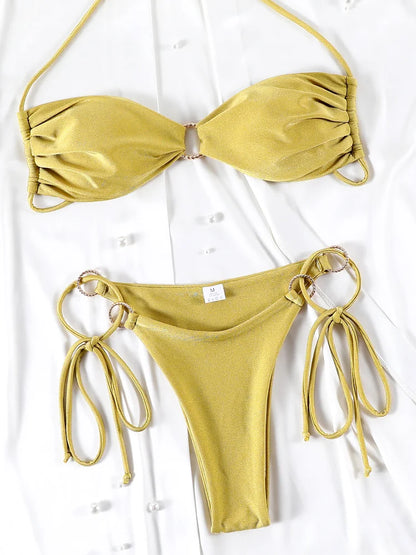 Miyouj Pleasted Bikinis Colaless Swimsuit Triangle Bikini Set Women Swimwear Halter Bathing Suits Bandage Beachwear Brazilian