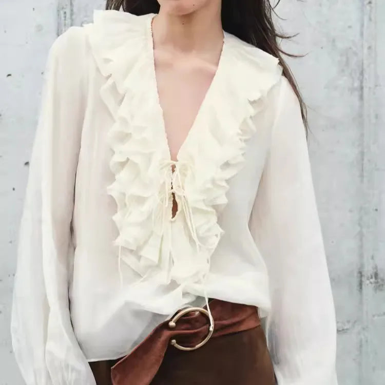 Spring New Sle White Loose Layered V-Ne Decorative irt Design Polyester Fiber Long Sve Regular Length Women&