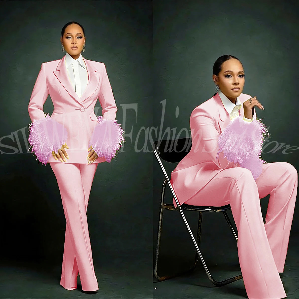 Fashion Chic Suits For Women Luxury Feather Applique Single Breasted 2 Pieces Female Suit (Blazer+Pants) Conjuntos De Pantalones