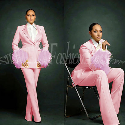 Fashion Chic Suits For Women Luxury Feather Applique Single Breasted 2 Pieces Female Suit (Blazer+Pants) Conjuntos De Pantalones