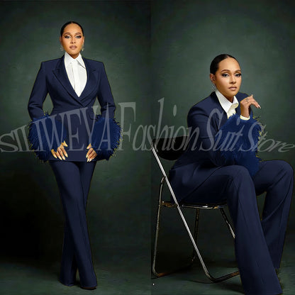 Fashion Chic Suits For Women Luxury Feather Applique Single Breasted 2 Pieces Female Suit (Blazer+Pants) Conjuntos De Pantalones