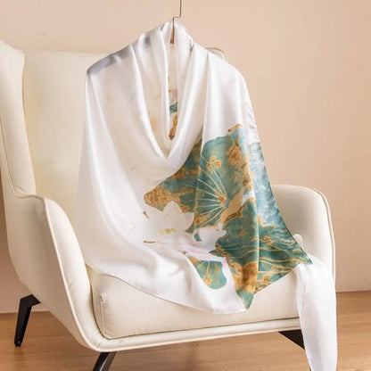 Fashion Korean Luxury Silk Scarf Elegant Lotus Pattern Chiffon Shawl Wrap Printing Soft Women Hijab Shawls Female