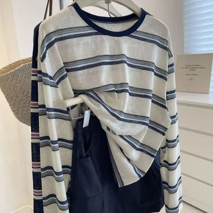 Women Clothes Spring Autumn Fashion Simplicity All-match Striped Color Blocking O-neck Ladies Appear Thin Lazy Wind Long Sleeve