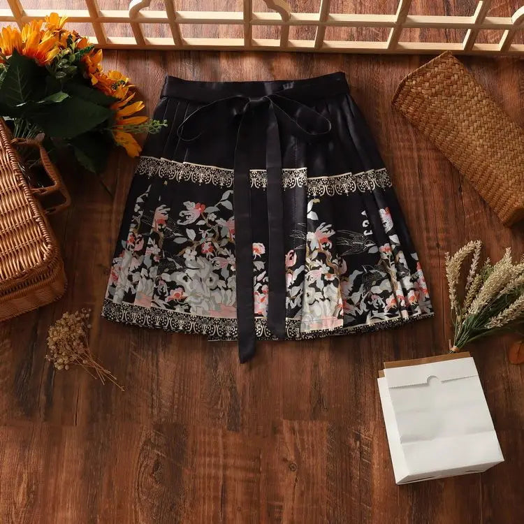 2024 New Fashion Chinese Style Retro Summer Printed Pleated Lace Up Women&