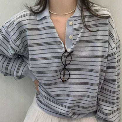 Knitted Blue Striped Long Sleeve T Shirts Women Vintage Turn Down Collar Tees 2026 Ropa Mujer Chic Korean Casual Loose Tshirt