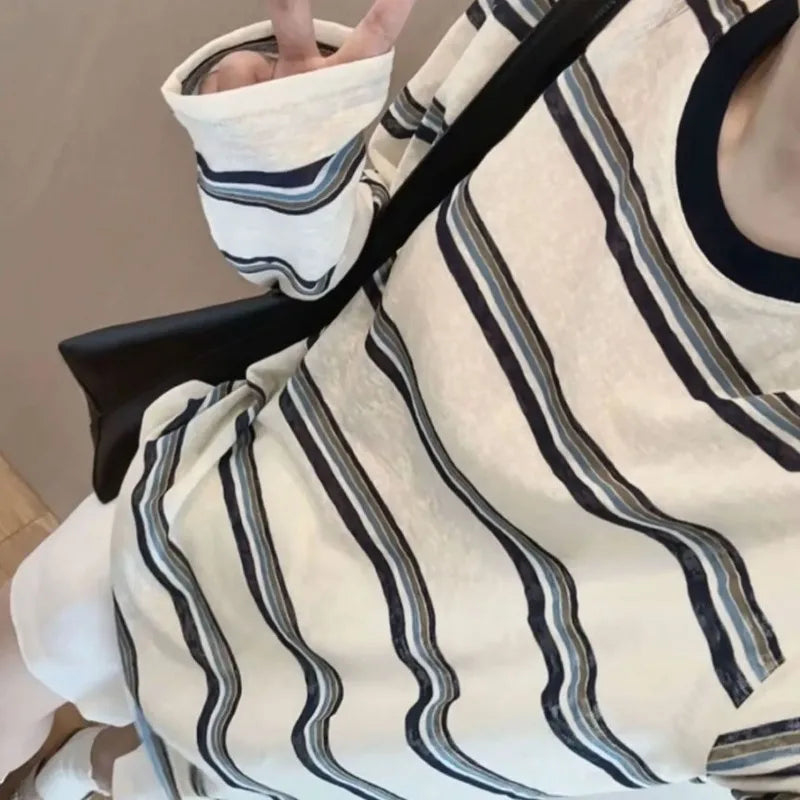 Women Clothes Spring Autumn Fashion Simplicity All-match Striped Color Blocking O-neck Ladies Appear Thin Lazy Wind Long Sleeve