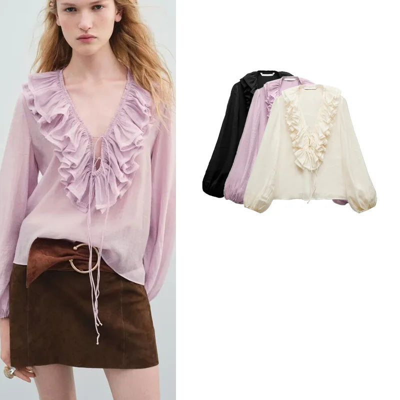 Spring New Sle White Loose Layered V-Ne Decorative irt Design Polyester Fiber Long Sve Regular Length Women&