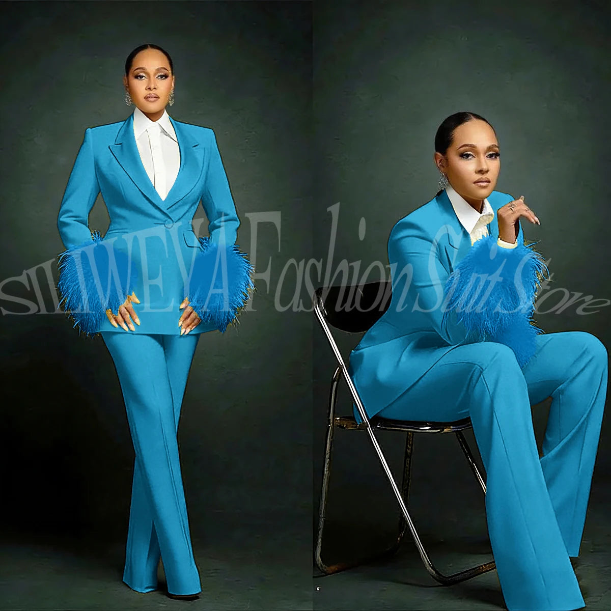 Fashion Chic Suits For Women Luxury Feather Applique Single Breasted 2 Pieces Female Suit (Blazer+Pants) Conjuntos De Pantalones
