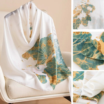 Fashion Korean Luxury Silk Scarf Elegant Lotus Pattern Chiffon Shawl Wrap Soft Printing Women Hijab Shawls Female