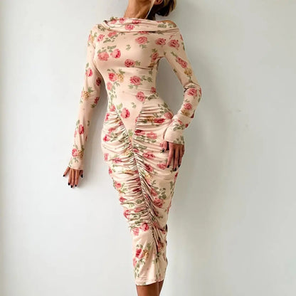 French Style Is Beautiful and Pure, Classical Artist Floral Pleated Slanted Shoulder Long-sleeved Dress Women&
