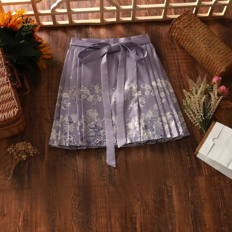 2024 New Fashion Chinese Style Retro Summer Printed Pleated Lace Up Women&