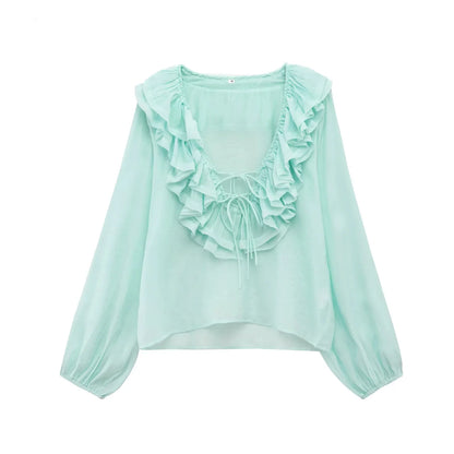 Spring New Sle White Loose Layered V-Ne Decorative irt Design Polyester Fiber Long Sve Regular Length Women&