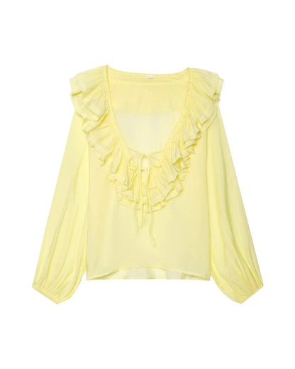 Spring New Sle White Loose Layered V-Ne Decorative irt Design Polyester Fiber Long Sve Regular Length Women&