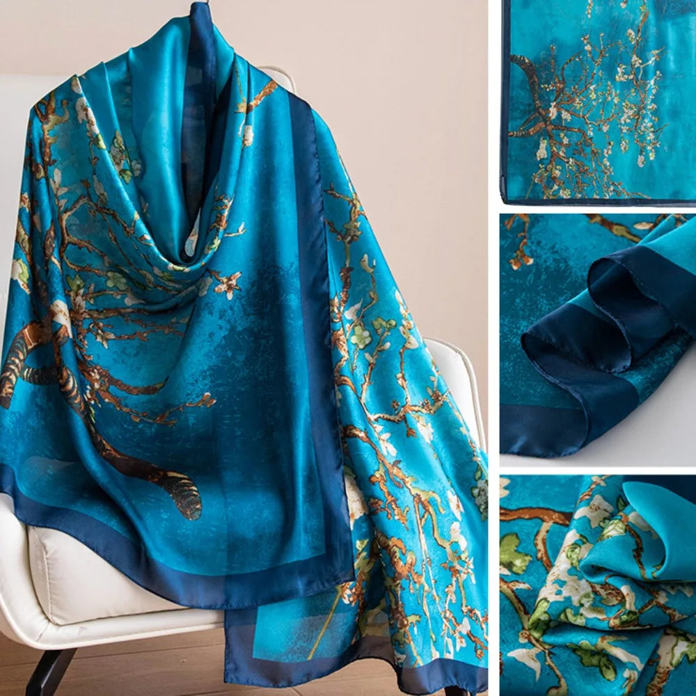 Fashion Korean Luxury Silk Scarf Elegant Lotus Pattern Chiffon Shawl Wrap Soft Printing Women Hijab Shawls Female