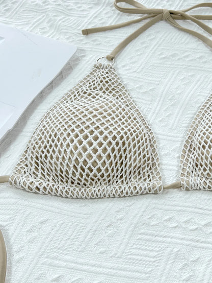 Women Sexy Hollow Out Swimsuit Triangle Thong Padded Bikini Crochet 2 Pieces Suit Halter Lace-Up Swimwear Backless Bathing Suits