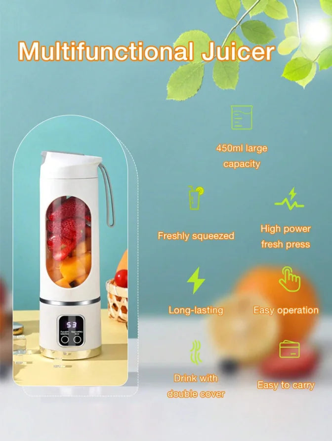 Portable USB Rechargeable Mini Blender &amp; Juicer with Digital Display &amp; 12-Blade System - Suitable for Travel, 3 Modes, USB- Oper