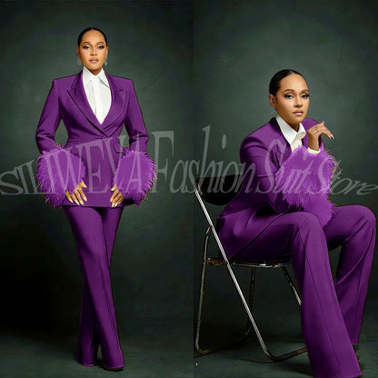 Fashion Chic Suits For Women Luxury Feather Applique Single Breasted 2 Pieces Female Suit (Blazer+Pants) Conjuntos De Pantalones