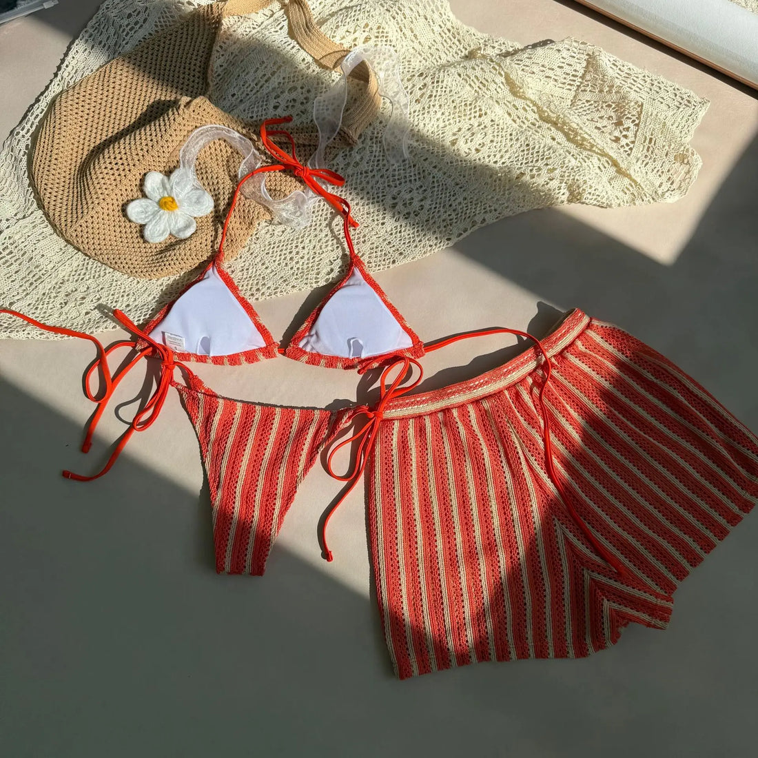 2026 Striped 3 Piece Bikini Set Sexy Women Swimwear with Skirt Bathing Suit Women&