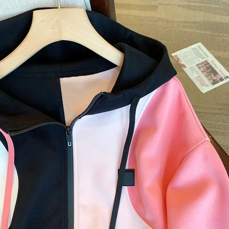 Women Hoodies Harajuku Casual Loose Jacket Sweatshirts Patchwork Color Long Sleeve Hooded Sweatshirt Zipper Coats Lady