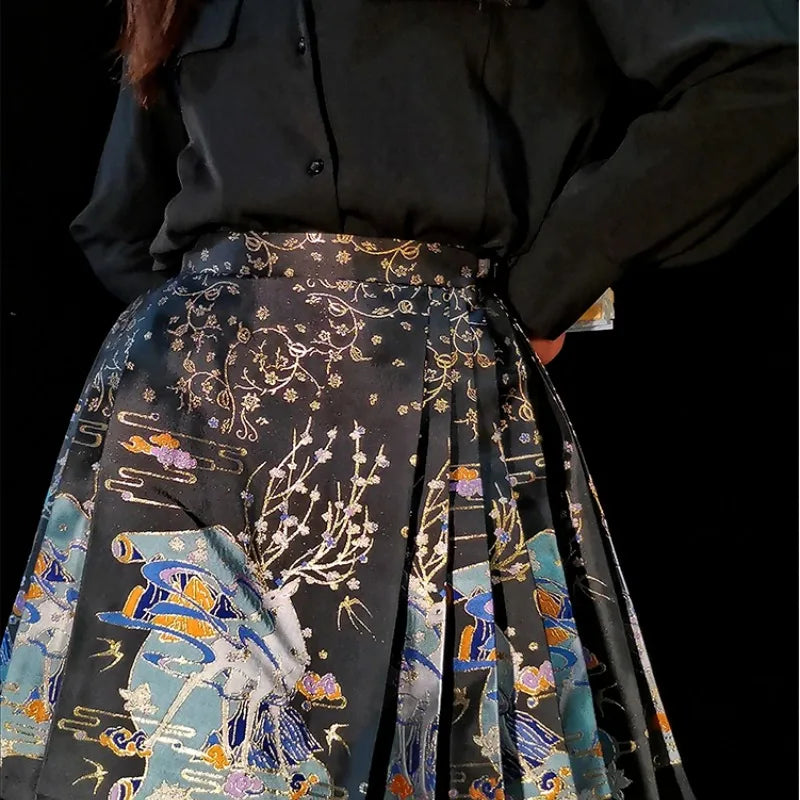2024 New Fashion Chinese Style Retro Summer Printed Pleated Lace Up Women&