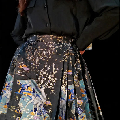 2024 New Fashion Chinese Style Retro Summer Printed Pleated Lace Up Women&