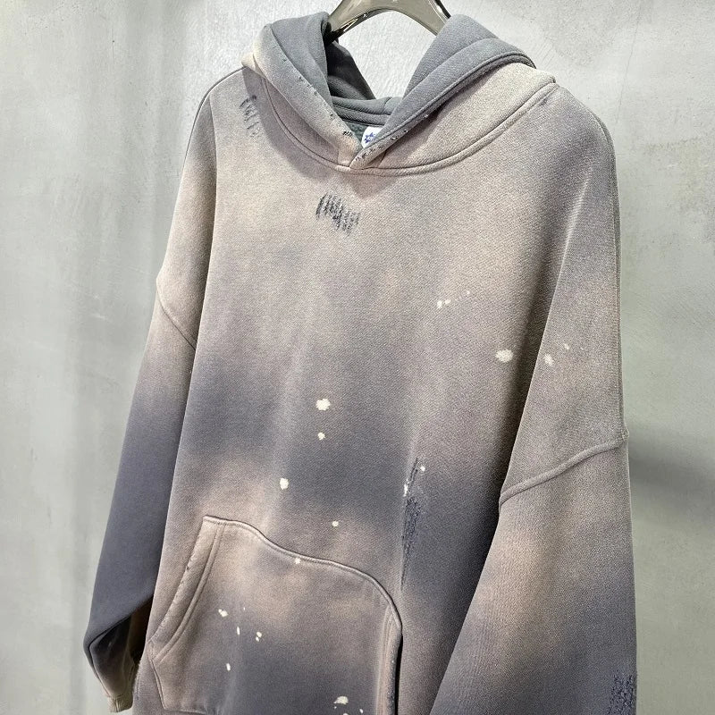 Street Wear Speckled Ink Rubbed Hooded Hoodies Fashion Sense Distressed Winter Coat Men&