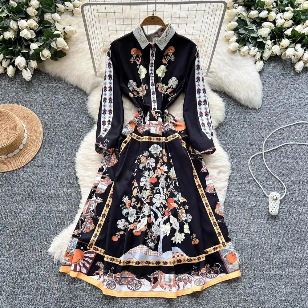 Fashion High-End Feeling Gown Dress Elegant European Court Style Long Printed Slimming New Women&