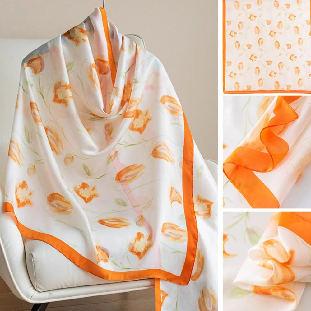 Fashion Korean Luxury Silk Scarf Elegant Lotus Pattern Chiffon Shawl Wrap Printing Soft Women Hijab Shawls Female