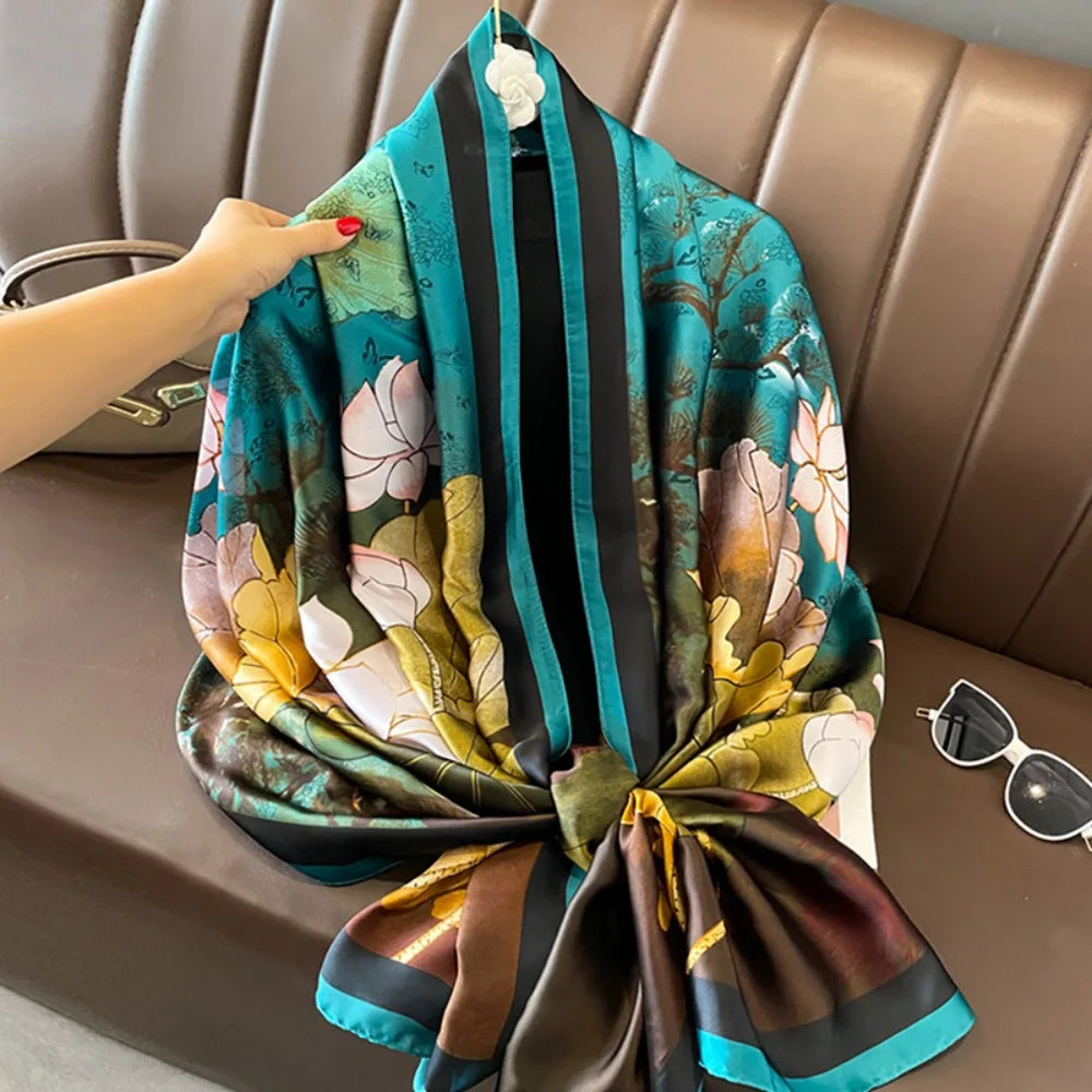 Fashion Korean Luxury Silk Scarf Elegant Lotus Pattern Chiffon Shawl Wrap Soft Printing Women Hijab Shawls Female
